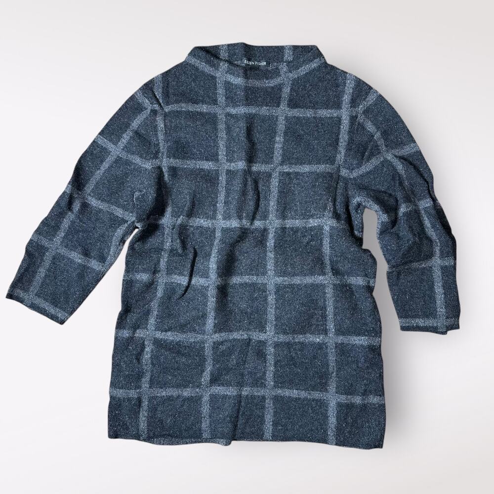Eileen Fisher Gray Wool Women’s Sweater Classic Windowpane Plaid‎ Size XS